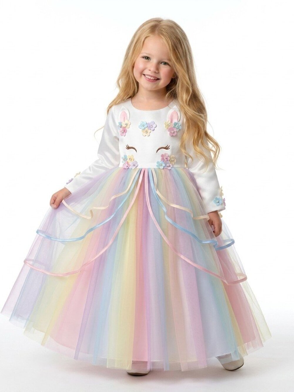 Girls Unicorn Princess Party Dress White Pastel Rainbow Tulle Birthday Party